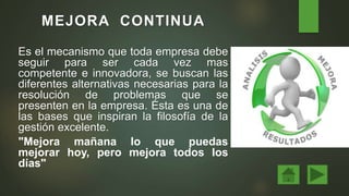 MEJORA CONTINUA
Es el mecanismo que toda empresa debe
seguir para ser cada vez mas
competente e innovadora, se buscan las
diferentes alternativas necesarias para la
resolución de problemas que se
presenten en la empresa. Ésta es una de
las bases que inspiran la filosofía de la
gestión excelente.
"Mejora mañana lo que puedas
mejorar hoy, pero mejora todos los
días"
 