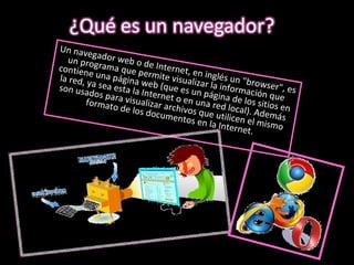 Un navegador web o de Internet, en inglés un "browser", es un programa que permite visualizar la información que contiene una página web (que es un página de los sitios en la red, ya sea esta la Internet o en una red local). Además son usados para visualizar archivos que utilicen el mismo formato de los documentos en la Internet. 