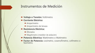Instrumentos de Medición
 Voltaje o Tensión: Voltímetro
 Corriente Eléctrica:
 Amperímetro
 Amperímetro de tenaza
 Resistencia Eléctrica:
 Óhmetro
 Megóhmetro (medidor de aislación)
 Potencia Eléctrica: Wattímetro o Wattmetro
 Factor de Potencia: cosímetro, cosenofímetro, cofímetro o
fasímetro.
 