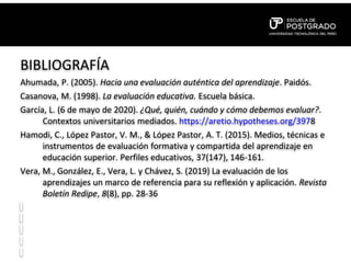 BIBLIOGRAFÍA
Ahumada, P. (2005). Hacia una evaluación auténtica del aprendizaje. Paidós.
Casanova, M. (1998). La evaluación educativa. Escuela básica.
García, L. (6 de mayo de 2020). ¿Qué, quién, cuándo y cómo debemos evaluar?.
Contextos universitarios mediados. https://aretio.hypotheses.org/3978
Hamodi, C., López Pastor, V. M., & López Pastor, A. T. (2015). Medios, técnicas e
instrumentos de evaluación formativa y compartida del aprendizaje en
educación superior. Perfiles educativos, 37(147), 146-161.
Vera, M., González, E., Vera, L. y Chávez, S. (2019) La evaluación de los
aprendizajes un marco de referencia para su reflexión y aplicación. Revista
Boletín Redipe, 8(8), pp. 28-36
 