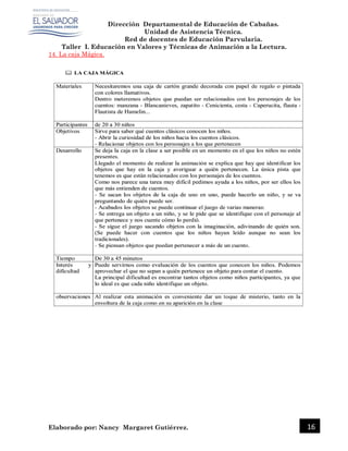 Dirección Departamental de Educación de Cabañas.
Unidad de Asistencia Técnica.
Red de docentes de Educación Parvularia.
Taller I. Educación en Valores y Técnicas de Animación a la Lectura.
Elaborado por: Nancy Margaret Gutiérrez. 16
14. La caja Mágica.
 