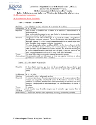 Dirección Departamental de Educación de Cabañas.
Unidad de Asistencia Técnica.
Red de docentes de Educación Parvularia.
Taller I. Educación en Valores y Técnicas de Animación a la Lectura.
Elaborado por: Nancy Margaret Gutiérrez. 17
15. El cuento de los cuentos.
16. Encarnación de un Personaje.
 