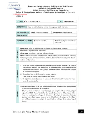 Dirección Departamental de Educación de Cabañas.
Unidad de Asistencia Técnica.
Red de docentes de Educación Parvularia.
Taller I. Educación en Valores y Técnicas de Animación a la Lectura.
Elaborado por: Nancy Margaret Gutiérrez. 20
19. Rótulos Creativos.
 