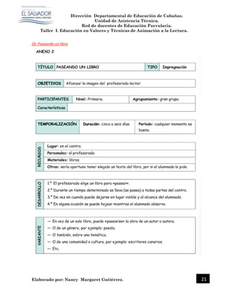 Dirección Departamental de Educación de Cabañas.
Unidad de Asistencia Técnica.
Red de docentes de Educación Parvularia.
Taller I. Educación en Valores y Técnicas de Animación a la Lectura.
Elaborado por: Nancy Margaret Gutiérrez. 21
20. Paseando un libro
 
