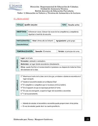 Dirección Departamental de Educación de Cabañas.
Unidad de Asistencia Técnica.
Red de docentes de Educación Parvularia.
Taller I. Educación en Valores y Técnicas de Animación a la Lectura.
Elaborado por: Nancy Margaret Gutiérrez. 23
21.¿ Quién saluda?
 