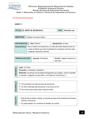 Dirección Departamental de Educación de Cabañas.
Unidad de Asistencia Técnica.
Red de docentes de Educación Parvularia.
Taller I. Educación en Valores y Técnicas de Animación a la Lectura.
Elaborado por: Nancy Margaret Gutiérrez. 25
22. El menú de Secuencias
 