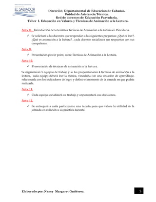 Dirección Departamental de Educación de Cabañas.
Unidad de Asistencia Técnica.
Red de docentes de Educación Parvularia.
Taller I. Educación en Valores y Técnicas de Animación a la Lectura.
Elaborado por: Nancy Margaret Gutiérrez. 5
Actv 8. Introducción de la temática Técnicas de Animación a la lectura en Parvularia.
 Se solicitará a las docentes que respondan a las siguientes preguntas: ¿Qué es leer?,
¿Qué es animación a la lectura? , cada docente socializara sus respuestas con sus
compañeras.
Actv 9.
 Presentación power point, sobre Técnicas de Animación a la Lectura.
Actv 10.
 Presentación de técnicas de animación a la lectura.
Se organizaran 5 equipos de trabajo y se les proporcionaran 4 técnicas de animación a la
lectura, cada equipo deberá leer la técnica, vincularla con una situación de aprendizaje,
relacionarla con los indicadores de logro y definir el momento de la jornada en que podría
realizarla.
Actv 11.
 Cada equipo socializará su trabajo y argumentará sus decisiones.
Actv 12.
 Se entregará a cada participante una tarjeta para que valore la utilidad de la
jornada en relación a su práctica docente.
 