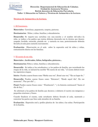 Dirección Departamental de Educación de Cabañas.
Unidad de Asistencia Técnica.
Red de docentes de Educación Parvularia.
Taller I. Educación en Valores y Técnicas de Animación a la Lectura.
Elaborado por: Nancy Margaret Gutiérrez. 6
Técnicas de Animación a la Lectura.
1 El Cancionero.
Materiales: Cartulinas, pegamento, carpeta, pinturas.
Destinatarios: Niños y niñas, familias y educadores/as.
Desarrollo: Se reparte una cartulina con una canción y el nombre del niño o la
niña, se indica a los padres que juntos deberan decorarla con la técnica que deseen:
rasgado, bruñido, retorcido, pintado etc y cantarla en casa, posteriormente deberán
llevarla al aula para cantarla nuevamente.
Evaluación: Observación en el aula sobre la expresión oral de niños y niñas,
comunicación diaria con las familias.
2. El cuento de mi vida.
Materiales : Archivador, folios, bolígrafos, pinturas...
Destinatarios: Niños y niñas, familias y educadores/as.
Desarrollo: Se indica a los estudiantes y a los padres de familia, que recordando las
etapas de la vida, se iniciará ha escribir “El cuento de mi vida, ” el cuento deberá tener
las siguientes etapas:
Inicio : Pueden usarse frases como “Había una vez”, Erasé una vez,” “En un lugar de..”
Desarrollo: Pueden usarse frases como: “Entonces”, “Desde aquel día”, En ese
momento”, “Fue por ello”…
Final: Pueden usarse frases como: “ Finalmente”, “ y la historia continuará”,”hasta el
día de hoy..”
Se solicitará a los padres de familia que decoren y elaboren el cuento con imágenes y
pequeñas oraciones y frases.
Cuando finalicen el cuento, cada estudiante debera llevarlo al aula, mostrarlo y
comentar las partes que hizo cada miembro de su familia.
Evaluación : Expresión oral y grafico plastica de los niños y las niñas. Participación
de la familia.
 