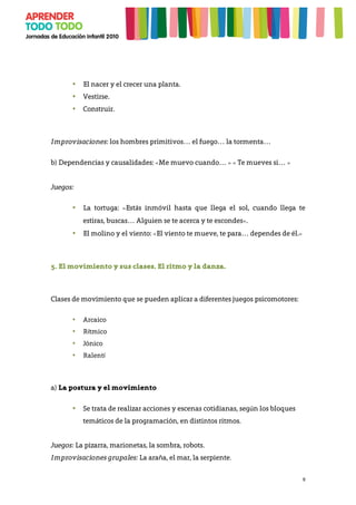 9
• El nacer y el crecer una planta.
• Vestirse.
• Construir.
Improvisaciones: los hombres primitivos… el fuego… la tormenta…
b) Dependencias y causalidades: «Me muevo cuando… » « Te mueves si… »
Juegos:
• La tortuga: «Estás inmóvil hasta que llega el sol, cuando llega te
estiras, buscas… Alguien se te acerca y te escondes».
• El molino y el viento: «El viento te mueve, te para… dependes de él.»
5. El movimiento y sus clases. El ritmo y la danza.
Clases de movimiento que se pueden aplicar a diferentes juegos psicomotores:
• Arcaico
• Rítmico
• Jónico
• Ralentí
a) La postura y el movimiento
• Se trata de realizar acciones y escenas cotidianas, según los bloques
temáticos de la programación, en distintos ritmos.
Juegos: La pizarra, marionetas, la sombra, robots.
Improvisaciones grupales: La araña, el mar, la serpiente.
 