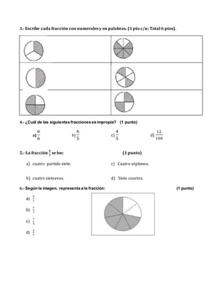 3.- Escribe cada fracción con numerales y en palabras. (1 pto c/u; Total 6 ptos).
4.- ¿Cuál de las siguientes fracciones es impropia? (1 punto)
a)
6
6
b)
6
5
c)
4
5
d)
12
100
5.- La fracción
𝟒
𝟕
se lee: (1 punto)
a) cuatro partido siete. c) Cuatro séptimos.
b) cuatro sieteavos. d) Siete cuartos.
6.- Según la imagen, representa a la fracción: (1 punto)
a)
5
7
b)
7
7
c)
7
5
d)
2
7
 