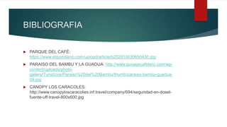 BIBLIOGRAFIA
 PARQUE DEL CAFÉ:
https://www.elquindiano.com/upload/article/b202010030650430.jpg
 PARAISO DEL BAMBU Y LA GUADUA: http://www.guiaejecafetero.com/wp-
content/uploads/photo-
gallery/Turisticos/Paraiso%20del%20Bambu/thumb/paraiso-bambu-guadua-
09.jpg
 CANOPY LOS CARACOLES:
http://www.canopyloscaracolies.inf.travel/company/694/seguridad-en-dosel-
fuente-uff-travel-800x600.jpg
 