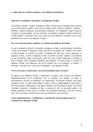 6
2. ¿Qué aspectos se deben considerar en la solución de problemas?
Saber llevar el problema del usuario a un diagrama de flujo
No podemos comenzar a realizar el diagrama de flujo sin antes tener el problema para comenzar
con su representación gráfica, con lo cual, de manera inicial debemos identificar, sintetizar e
identificar aspectos principales para proceder a plasmarlos en el diagrama y lograr visualizar
el objetivo con más claridad, es decir, para llevar un problema a diagrama de flujo inicialmente
se debe sintetizar el problema con lo que se sabe de él para finalmente comenzar a poco a poco
plasmarlo paso a paso en un diagrama de flujo.
No es necesario de buenas a primeras la solución del problema del usuario
Lo que es realmente necesario al comenzar un diagrama de flujo, es poder plasmar el problema
y saber cómo manejar el diagrama de flujo para dar con la solución del conflicto, por lo tanto
se debe investigar la solución por medio de diagrama de flujo paso a paso (algoritmo) al
diagrama de flujo, es decir, el diagrama de flujo te permite encontrar solución a un problema
sin que inicialmente tengas conocimiento sobre de lo que se habla, simplemente el trabajo se
basa en indagar sobre el problema planteado para organizar un orden de ideas y acciones en
diagrama de flujo para finalmente dar con la solución que en un principio se comenzó a
investigar, investigar paso a paso, para así plasmarlo en un diagrama de flujo.
“No es necesario ser doctor para crear una herramienta para un doctor”
El objetivo de un diagrama de flujo es únicamente la solución paso a paso de un problema,
independientemente de la circunstancia que se encuentre, por ejemplo, un sujeto no
necesariamente necesita ser profesional en conocimientos de desastres naturales para lograr
protegerse de uno, el sujeto puede indagar, estudiar y hacer un paso a paso de cada aspecto e
idea para organizar gráficamente cómo lograr defenderse de un fenómeno natural. De acuerdo
al ejemplo expresado, el diagrama de flujo se encarga de ello, de representar gráfica y de
manera organizada el paso a paso a la solución de un problema planteado, y de esto se trata la
frase “No es necesario ser doctor para crear una herramienta para un doctor”
Como complementación, a continuación se encontrarán los pasos básicos para la
creación de un diagrama de flujo.
 