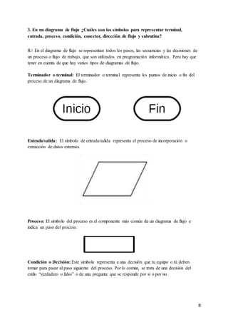 8
3. En un diagrama de flujo ¿Cuáles son los símbolos para representar terminal,
entrada, proceso, condición, conector, dirección de flujo y subrutina?
R// En el diagrama de flujo se representan todos los pasos, las secuencias y las decisiones de
un proceso o flujo de trabajo, que son utilizados en programación informática. Pero hay que
tener en cuenta de que hay varios tipos de diagramas de flujo.
Terminador o terminal: El terminador o terminal representa los puntos de inicio o fin del
proceso de un diagrama de flujo.
Entrada/salida: El símbolo de entrada/salida representa el proceso de incorporación o
extracción de datos externos.
Proceso: El símbolo del proceso es el componente más común de un diagrama de flujo e
indica un paso del proceso.
Condición o Decisión: Este símbolo representa a una decisión que tu equipo o tú deben
tomar para pasar al paso siguiente del proceso. Por lo común, se trata de una decisión del
estilo “verdadero o falso” o de una pregunta que se responde por sí o por no.
 