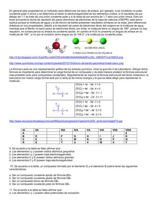 En general esta propiedad es un indicador para diferenciar los tipos de enlace, por ejemplo, si es covalente no polar,
covalente polar o iónico y se determina al restar la electronegatividad de los elementos unidos, si el resultado da por
debajo de 1.7 se trata de una unión covalente polar y si la resta da por encima de 1,7 será una unión iónica. Esto sin
tener encuenta la teoría de repulsión de pares (dominios) de electrones de la capa de valencia (VSEPR); esta teoría
explica porque la molécula de agua y la de cloruro de berilio presentan resultados similares en la resta, pero diferencias
drásticas en sus propiedades, debido a la repulsión de pares de electrones libres del oxígeno en la molécula de agua,
mientras que el Berilio no tiene pares de electrones libres, por ende, la molécula tiene un ángulo de 180°, porque no hay
repulsión, en consecuencia su enlace es covalente apolar, en cambio el H2O no presenta un ángulo de enlace en su
molécula de 180°, si no por el contrario dicho ángulo es de 104.5° y la molécula es covalente polar.
http://2.bp.blogspot.com/-XJjzOKu-md4/VGFeHhldfkI/AAAAAAAAAPc/JOo_VMhW7Yc/s1600/2.png
http://www.quimitube.com/wp-content/uploads/2012/10/cloruro-de-berilio-geometria-lineal-rpecv.png
La fórmula Lewis es una representación gráfica de los enlaces químicos, mirar la guía No 4 de Laboratorio. Dibujar dicha
fórmula es importante para determinar la carga formal de un compuesto y de esta manera predecir la fórmula estructural
más probable (solo para compuestos covalentes). Seguidamente se expone la fórmula estructural del ácido metanoico, la
estructura con menor carga formal será por lo tanto la de menor energía y la que se debe elegir para representar la
molécula.
http://www.recursosvirtualesqca.hol.es/06Quimica/capitulos/Capitulo%20XI_archivos/image013.jpg
IA IIA IIIA IVA VA VIA VIIA VIIIA
A Z
B D F G H I J K
C E L M N O P Q
R S T U V W X Y
9. De acuerdo a la tabla es falso afirmar que:
a. Los elementos I y J poseen radios atómicos pequeños
b. Los elementos I y J poseen baja electronegatividad.
c. Los elementos C y E poseen radios atómicos grandes
d. Los elementos C y E poseen baja electronegatividad.
10. De acuerdo a la tabla, un compuesto formado por el elemento G y el elemento B podría tener las siguientes
características.
a. Ser un compuesto covalente apolar de fórmula BG4
b. Ser un compuesto covalente apolar de fórmula GB4
c. Ser un compuesto iónico de fórmula GB4
d. Ser un compuesto covalente polar de fórmula GB3
11. De acuerdo a la tabla es falso afirmar que:
a. Los elementos I y J poseen altos potenciales de ionización
 