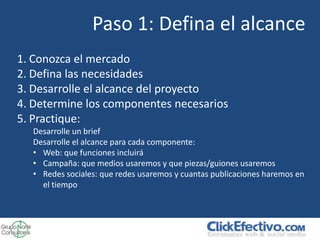 Paso 1: Defina el alcance
1. Conozca el mercado
2. Defina las necesidades
3. Desarrolle el alcance del proyecto
4. Determine los componentes necesarios
5. Practique:
  Desarrolle un brief
  Desarrolle el alcance para cada componente:
  • Web: que funciones incluirá
  • Campaña: que medios usaremos y que piezas/guiones usaremos
  • Redes sociales: que redes usaremos y cuantas publicaciones haremos en
    el tiempo
 