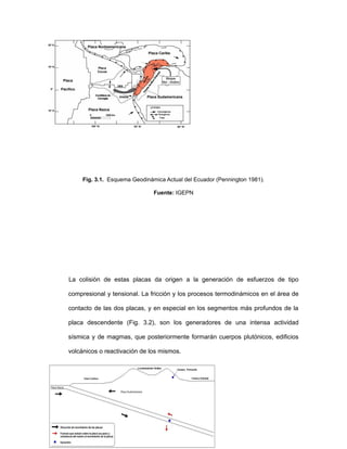 Fig. 3.1. Esquema Geodinámica Actual del Ecuador (Pennington 1981).
Fuente: IGEPN
La colisión de estas placas da origen a la generación de esfuerzos de tipo
compresional y tensional. La fricción y los procesos termodinámicos en el área de
contacto de las dos placas, y en especial en los segmentos más profundos de la
placa descendente (Fig. 3.2), son los generadores de una intensa actividad
sísmica y de magmas, que posteriormente formarán cuerpos plutónicos, edificios
volcánicos o reactivación de los mismos.
 
