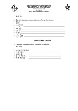 INSTITUCIÓN EDUCATIVA GABRIELA MISTRAL
SERVICIO NACIONAL DE APRENDIZAJE – SENA
INTEGRACIÓN SENA – EDUCACIÓN MEDIA
RESOLUCIÓN N° 01047
07:09:2010
BELÉN DE LOS ANDAQUÍES - CAQUETÁ
 (2+3)^3+3 ______________________________________________________
3. Convertir las siguientes expresiones en forma algorítmicas:

M+N/P
Q−R/5
_______________________________________________________

−𝐵+√𝐵2−4AC
2A
___________________________________________________
 M+
N
P−Q
_____________________________________________________
 5(X+Y) _______________________________________________________
 A2
+B2
_______________________________________________________
 (
3
5
+
2
7
)3 __________________________________________________
EXPRESIONES LÓGICAS
 Deducir el valor lógico de las siguientes expresiones
X=7, Z=5
 (4,5>x) Y (Z<X+7,5) ________________________________________
 (1>0) Y(3=3) ________________________________________
 No (Z<>Z) ________________________________________
 (Z<=X) Y (2>4) ________________________________________
 (0<Z) O (0>Z) ________________________________________
 
