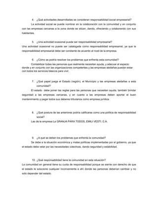 4. ¿Qué actividades desarrolladas se consideran responsabilidad social empresarial?
La actividad social se puede nombrar en la colaboración con la comunidad y en conjunto
con las empresas cercanas a la zona donde se sitúan, dando, ofreciendo y colaborando con sus
habitantes.
5. ¿Una actividad ocasional puede ser responsabilidad empresarial?
Una actividad ocasional no puede ser catalogada como responsabilidad empresarial, ya que la
responsabilidad empresarial debe ser constante de acuerdo al nivel de la empresa.
6. ¿Cómo se podría resolver los problemas que enfrenta esta comunidad?
Contabilizar todas las personas que realmente necesitan ayuda, y adecuar el espacio
donde y en conjunto con las organizaciones competentes y las empresas aledañas puedan estar
con todos los servicios básicos para vivir.
7. ¿Qué papel juega el Estado (región), el Municipio y las empresas aledañas a esta
comunidad?
El estado debe poner las reglas para las personas que necesiten ayuda, también brindar
seguridad a las empresas cercanas, y en cuanto a las empresas deben aportar el buen
mantenimiento y pagar todos sus deberes tributarios como empresa jurídica.
8. ¿Qué postura de las anteriores podría calificarse como una política de responsabilidad
social?
Las de la empresa La GRANJA PARA TODOS, EMILI VESTI, C.A.
9. ¿A qué se deben los problemas que enfrenta la comunidad?
Se debe a la situación económica y malas políticas implementadas por el gobierno, ya que
el estado debe velar por las necesidades colectivas, dando seguridad y estabilidad.
10. ¿Qué responsabilidad tiene la comunidad en esta situación?
La comunidad en general tiene su cuota de responsabilidad porque se siente con derecho de que
el estado le solucione cualquier inconveniente e ahí donde las personas deberían cambiar y no
solo depender del estado.
 