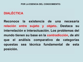 DIALÉCTICA
Reconoce la existencia de una necesaria
relación entre sujeto y objeto. Destaca su
interrelación e interactuación. Los problemas del
mundo tienen su base en la contradicción, de ahí
que el análisis comparativo de categorías
opuestas sea técnica fundamental de esta
posición.
POR LA ESENCIA DEL CONOCIMIENTO:
 