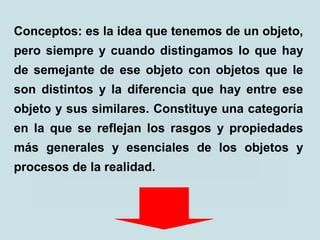 Conceptos: es la idea que tenemos de un objeto,
pero siempre y cuando distingamos lo que hay
de semejante de ese objeto con objetos que le
son distintos y la diferencia que hay entre ese
objeto y sus similares. Constituye una categoría
en la que se reflejan los rasgos y propiedades
más generales y esenciales de los objetos y
procesos de la realidad.
 