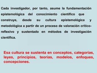 Esa cultura se sustenta en conceptos, categorías,
leyes, principios, teorías, modelos, enfoques,
concepciones.
Cada investigador, por tanto, asume la fundamentación
epistemológica del conocimiento científico que
construye, desde su cultura epistemológica y
metodológica a partir de un proceso de valoración crítico-
reflexivo y sustentado en métodos de investigación
científica.
 