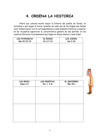 12
4. ORDENA LA HISTORIA
Ahora que conoces mucho mejor la historia del pueblo de Israel, te
invitamos a que hagas un breve resumen de cada una de las etapas que hemos
visto. Debes buscar la cita correspondiente a cada momento histórico y explicar
en los recuadros superiores la característica general de ese período; en los
cuadros inferiores te proponemos que hagas un dibujo alusivo a cada etapa:
LOS PATRIARCAS
Gen 22,15-18
EL ÉXODO
Ex 3,7-12
LOS JUECES
Jue 2,18
LOS REYES
2Sam 2,4
LOS PROFETAS
Jer 1, 4-8
EL DESTIERRO
2Re 25,1
 