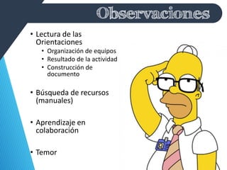 Observaciones
• Lectura de las
Orientaciones
• Organización de equipos
• Resultado de la actividad
• Construcción de
documento
• Búsqueda de recursos
(manuales)
• Aprendizaje en
colaboración
• Temor