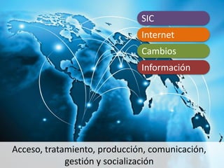 SIC
Internet
Cambios
Acceso, tratamiento, producción, comunicación,
gestión y socialización
Información