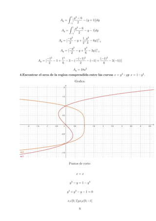 Ay =
Z 1
−1
[
y2
− 6
2
− (y + 1)]dy
Ay =
Z 1
−1
[
y2
− 6
2
− y − 1]dy
Ay = [
−y2
2
− y +
1
2
(
y3
3
− 6y)]1
−1
Ay = [
−y2
2
− y +
y3
6
− 3y)]1
−1
Ay = [
−12
2
− 1 +
13
6
− 3 − (
−(−1)2
2
− (−1) +
(−1)3
6
− 3(−1))]
Ay = 18u2
4.Encontrar el area de la region comprendida entre las curvas x = y3
−yy x = 1−y4
.
Grafica:
Puntos de corte:
x = x
y3
− y = 1 − y4
y4
+ y3
− y − 1 = 0
x1[0, 1]yx2[0, −1]
6
 