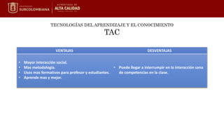 VENTAJAS DESVENTAJAS
• Mayor interacción social.
• Mas metodología.
• Usos mas formativos para profesor y estudiantes.
• Aprende mas y mejor.
• Puede llegar a interrumpir en la interacción sana
de competencias en la clase.
TECNOLOGÍAS DEL APRENDIZAJE Y EL CONOCIMIENTO
TAC
 