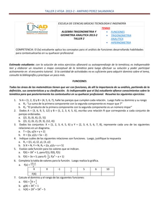 TALLER 2 ATGA 2013-2 - AMPARO PEREZ SALAMANCA
ESCUELA DE CIENCIAS BÁSICAS TECNOLOGIA E INGENIERÍA
ALGEBRA TRIGONOMETRIA Y
GEOMETRIA ANALITICA 2013-2
TALLER 2
TEMAS
 FUNCIONES
 TRIGONOMETRIA
ANALITICA
 HIPERNOMETRIA
COMPETENCIA: El (la) estudiante aplica los conceptos para el análisis de funciones desarrollando habilidades
para contextualizarlas en su quehacer profesional
Estimado estudiante: con la solución de estos ejercicios afianzará su autoaprendizaje de la temática; es indispensable
leer y elaborar un resumen o mapa conceptual de la temática para luego efectuar su solución y poder participar
activamente en el encuentro tutorial. Si la cantidad de actividades no es suficiente para adquirir dominio sobre el tema,
consulte la bibliografía y practique un poco más.
FUNCIONES
Todas las áreas de las matemáticas tienen que ver con funciones, de allí la importancia de su análisis, partiendo de la
definición, sus características y su clasificación. Es indispensable que el (la) estudiante afiance conocimientos sobre la
temática para que posteriormente los contextualice en su quehacer profesional. Resuelva los siguientes ejercicios:
1. Si A = {1, 2, 3} y B = {4, 5, 6, 7}, halle las parejas que cumplen cada relación. Luego halle su dominio y su rango
a. R1: “La suma de la primera componente con la segunda componente es mayor que 7”
b. R2: “El producto de la primera componente con la segunda componente es un número impar”
2. Dados A = {3, 6, 9, 5, 12} y B = {1, 2, 3, 4, 5, 6}, escriba una relación R que corresponda a cada conjunto de
parejas ordenadas.
a. {(3, 3), (6, 6), (5, 5)}
b. {(3, 1), (6, 2), (9, 3), (12, 4)}
3. Dados los conjuntos: X = {1, 2, 3, 4, 5, 6} y Y = {2, 3, 4, 5, 6, 7, 8}, represente cada una de las siguientes
relaciones en un diagrama.
a. T = {(x, y)/x = y + 2}
b. H = {(x, y)/y = 5x – 2}
4. Indique cuáles de las siguientes relaciones son funciones. Luego, justifique la respuesta
a. R1 = {(1, x), (2, y), (3, y)}
b. Si X = N, Y = N, R4 = {(x, y)/y = x + 5}
5. Evalúe cada función para los valores que se indican.
a. f(X) = 3X2
+ 1, para f(1), f(0), f(5)
b. f(X) = 3x + 5; para f(- ), f(a2
– a + 1)
6. Completa la tabla de valores para la función. Luego realiza la gráfica.
a. f(x) =
X 0 -1 5 6 10
F(X)
7. Calcule el dominio y el rango de las siguientes funciones:
a. f(X) = X +
b. g(X) = 3X2
+ 1
c. h(X) = 2X3
+ 5X2
– 5
 