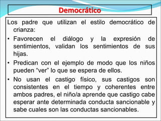 Democrático
Los padre que utilizan el estilo democrático de
crianza:
• Favorecen el diálogo y la expresión de
sentimientos, validan los sentimientos de sus
hijas.
• Predican con el ejemplo de modo que los niños
pueden “ver” lo que se espera de ellos.
• No usan el castigo físico, sus castigos son
consistentes en el tiempo y coherentes entre
ambos padres, el niño/a aprende que castigo cabe
esperar ante determinada conducta sancionable y
sabe cuales son las conductas sancionables.
 