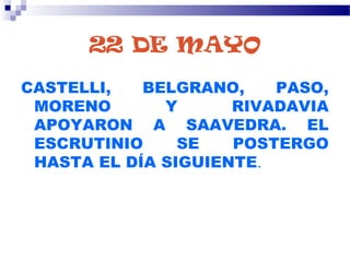 22 DE MAYO
CASTELLI, BELGRANO, PASO,
MORENO Y RIVADAVIA
APOYARON A SAAVEDRA. EL
ESCRUTINIO SE POSTERGO
HASTA EL DÍA SIGUIENTE.
 