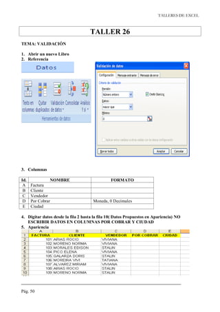 TALLERES DE EXCEL



                                    TALLER 26
TEMA: VALIDACIÓN

1. Abrir un nuevo Libro
2. Referencia




3. Columnas

Id.             NOMBRE                         FORMATO
 A    Factura
 B    Cliente
 C    Vendedor
 D    Por Cobrar                      Moneda, 0 Decimales
 E    Ciudad

4. Digitar datos desde la fila 2 hasta la fila 10( Datos Propuestos en Apariencia) NO
   ESCRIBIR DATOS EN COLUMNAS POR COBRAR Y CIUDAD
5. Apariencia




Pág. 50
 