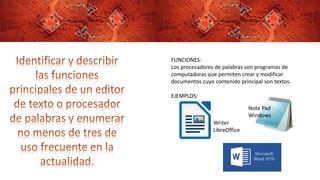 FUNCIONES:
Los procesadores de palabras son programas de
computadoras que permiten crear y modificar
documentos cuyo contenido principal son textos.
EJEMPLOS:
Note Pad
Windows
Writer
LibreOffice
 
