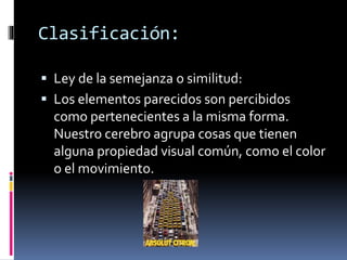  Ley de la semejanza o similitud:
 Los elementos parecidos son percibidos
como pertenecientes a la misma forma.
Nuestro cerebro agrupa cosas que tienen
alguna propiedad visual común, como el color
o el movimiento.
Clasificación:
 