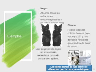 Negro
Absorbe todos las
radiaciones
electromagneticas y
no refleja ningún color
Ejemplos:
Blanco
Recibe todos los
colores básicos (rojo,
verde y azúl) y nos
devuelve reflejados
generandose la fusión
de estos .
12
 