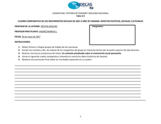 ASIGNATURA: HISTORIA DE PANAMÁ Y REALIDAD NACIONAL
1
Taller # 2
CUADRO COMPARATIVO DE LOS MOVIMIENTOS SOCIALES DE 1925 A 1950 DE PANAMÁ. ASPECTOS POLÍTICOS, SOCIALES, CULTURALES
PROFESOR DE LA CATEDRÁ: NÉSTOR SÁNCHEZ Integrantes:
PROFESOR PRACTICANTE: ANDRÉS BARRIOS L.
FECHA: 26 de mayo de 2017
INSTRUCCIONES:
1. Deben formar e integrar grupos de trabajo de tres personas.
2. Escribir los nombres y No. de cedulas de los integrantes del grupo en imprenta dentro del recuadro superior de lado derecho.
3. Realizar una lectura compresiva del texto: Un contexto actualizado sobre el movimiento social panameño.
4. Llenar el siguiente cuadro comparativo, tomando en cuenta los datos históricos de Panamá.
5. Redactar una conclusión final sobre los resultados expuestos en su cuadro:
______________________________________________________________________________________________________________________
______________________________________________________________________________________________________________________
______________________________________________________________________________________________________________________
______________________________________________________________________________________________________________________
______________________________________________________________________________________________________________________
______________________________________________________________________________________________________________________
______________________________________________________________________________________________________________________
______________________________________________________________________________________________________________________
______________________________________________________________________________________________________________________
______________________________________________________________________________________________________________________
______________________________________________________________________________________________________________________
______________________________________________________________________________________________________________________
 
