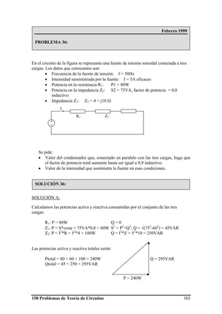 150 Problemas de Teoría de Circuitos 103
En el circuito de la figura se representa una fuente de tensión senoidal conectada a tres
cargas. Los datos que conocemos son:
• Frecuencia de la fuente de tensión: f = 50Hz
• Intensidad suministrada por la fuente: I = 5A eficaces
• Potencia en la resistencia R1: P1 = 80W
• Potencia en la impedancia Z2: S2 = 75VA, factor de potencia = 0,8
inductivo
• Impedancia Z3: Z3 = 4 + j10 Ω
Se pide:
• Valor del condensador que, conectado en paralelo con las tres cargas, haga que
el factor de potencia total aumente hasta ser igual a 0,9 inductivo.
• Valor de la intensidad que suministra la fuente en esas condiciones.
SOLUCIÓN A:
Calculamos las potencias activa y reactiva consumidas por el conjunto de las tres
cargas:
R1: P = 80W Q = 0
Z1: P = S*cosϕ = 75VA*0,8 = 60W S2
= P2
+Q2
; Q = √(752
-602
) = 45VAR
Z2: P = I2
*R = 52
*4 = 100W Q = I2
*Z = 52
*10 = 250VAR
Las potencias activa y reactiva totales serán:
Ptotal = 80 + 60 + 100 = 240W
Qtotal = 45 + 250 = 295VAR
+
-
R1 Z2
I
P = 240W
Q = 295VAR
Febrero 1999
PROBLEMA 36:
SOLUCIÓN 36:
 