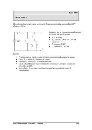 150 Problemas de Teoría de Circuitos 114
El siguiente circuito representa un conjunto de cargas conectadas a una red de 220V
eficaces a 50Hz:
Se pide:
• Potencias activa, reactiva y aparente consumidas por cada una de las cargas
• Factor de potencia del conjunto de cargas
• Intensidad i solicitada a la red (valor eficaz)
• Valor del condensador a colocar entre los terminales A y B para reducir esa
intensidad un 10%
• Nuevo factor de potencia para el conjunto de las cargas (incluyendo el
condensador)
Los datos que se conocen para cada una de
las cargas son los siguientes:
• Z1 = 30 + 40j
• Z2: consume 2 KW con f.p.= 0.8
inductivo
• R: consume 1 KW
• L: consume 0.5 KVARR
220Vef
50Hz
+
-
L
Z2
Z1
i A
B
Junio 2000
PROBLEMA 41:
 