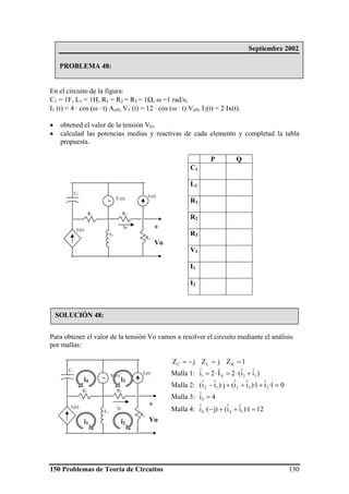 150 Problemas de Teoría de Circuitos 130
En el circuito de la figura:
C1 = 1F, L1 = 1H, R1 = R2 = R3 = 1Ω, ω =1 rad/s,
I1 (t) = 4 · cos (ω · t) Aeff, V1 (t) = 12 · cos (ω · t) Veff, I2(t) = 2·Ix(t).
• obtened el valor de la tensión VO.
• calculad las potencias medias y reactivas de cada elemento y completad la tabla
propuesta.
Para obtener el valor de la tensión Vo vamos a resolver el circuito mediante el análisis
por mallas:
1ZjZjZ RLC ==−=
Malla 1: )iˆiˆ(2Iˆ2iˆ
32X1 +⋅=⋅=
Malla 2: 01·iˆ1)·iˆiˆ(j)·iˆiˆ( 23212 =+++−
Malla 3: 4iˆ
3 =
Malla 4: 121)·iˆiˆ()j·(iˆ
144 =++−
P Q
C1
L1
R1
R2
R3
V1
I1
I2
+
Vo
R3
R1 R2
I2(t)
Ix
C1
V1(t)
∼
I1(t)
L1
Septiembre 2002
PROBLEMA 48:
SOLUCIÓN 48:
+
Vo
R3
R1 R2
IxI2(t)
C1
V1(t)
∼
I1(t)
L1
i3i4
i2i1
 