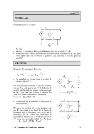 150 Problemas de Teoría de Circuitos 14
Sobre el circuito de la figura:
Se pide:
• Obtener el equivalente Thevenin del circuito entre los terminales A y B
• Sobre el circuito anterior se añade una resistencia entre los terminales A y B. ¿Qué
valor debe tener esa resistencia si queremos que consuma la máxima potencia
posible?
Obtención del equivalente Thevenin:
I
V
RIIVV
N
TH
THCCNCATH ===
• Se calculará en primer lugar la tensión de
circuito abierto VCA:
Sin resolver completamente el circuito, podemos
ver que VAB será igual a los 3V de la fuente de
tensión más la caída de tensión en la resistencia
de 2k. Como por esta resistencia circulan los
2mA de la fuente de intensidad, tendremos:
VCA = 3V + 2mA*2kΩ = 7V
• A continuación se calculará la intensidad de
cortocircuito ICC:
De nuevo sin resolver el circuito podemos ver
que ICC será igual a los 2mA de la fuente de
intensidad más la intensidad que circule por la
resistencia de 2k. Como esta resistencia se
encuentra en paralelo con la fuente de tensión de
3V, entre sus terminales habrá 3V. Por tanto,
ICC = 2mA + 3V/2k = 3,5mA
4k
3V+
-
3I0
2mA
2k
2k
I0
A
B
4k
3V+
-
3I0
2mA
2k
2k
I0
+
VCA
-
4k
3V+
-
3I0
2mA
2k
2k
I0
ICC
Junio 1999
PROBLEMA 2:
SOLUCIÓN 2:
 