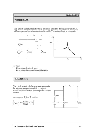 150 Problemas de Teoría de Circuitos 160
En el circuito de la figura la fuente de tensión es senoidal y de frecuencia variable. La
gráfica representa los valores que toma la tensión VAB en función de la frecuencia.
Se pide:
Determinar el valor de VMAX
Determinar el ancho de banda del circuito
Diciembre 1999
PROBLEMA 57:
SOLUCIÓN 57:
100kΩ
8VEF+
-
2.5nF
10mH
100kΩ 25kΩ
+ VAB −
ω0
VMAX
ω
VAB
VMAX es la tensión a la frecuencia de resonancia.
En resonancia se puede sustituir el conjunto
bobina + condensador en paralelo por un circuito
abierto.
Aplicando un divisor de tensión:
4VVMAX =
Ω
Ω
⋅=
k200
k100
V8
100kΩ
8VEF+
-
100kΩ 25kΩ
+ VAB −
 