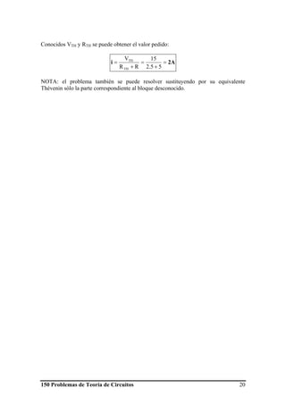 150 Problemas de Teoría de Circuitos 20
Conocidos VTH y RTH se puede obtener el valor pedido:
2Ai =
+
=
+
=
55.2
15
RR
V
TH
TH
NOTA: el problema también se puede resolver sustituyendo por su equivalente
Thévenin sólo la parte correspondiente al bloque desconocido.
 