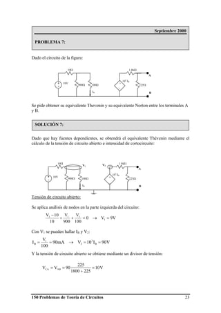 150 Problemas de Teoría de Circuitos 23
Dado el circuito de la figura:
Se pide obtener su equivalente Thevenin y su equivalente Norton entre los terminales A
y B.
Dado que hay fuentes dependientes, se obtendrá el equivalente Thévenin mediante el
cálculo de la tensión de circuito abierto e intensidad de cortocircuito:
Tensión de circuito abierto:
Se aplica análisis de nodos en la parte izquierda del circuito:
V9V0
100
V
900
V
10
10V
1
111
=→=++
−
Con V1 se pueden hallar IB y V2:
Y la tensión de circuito abierto se obtiene mediante un divisor de tensión:
900Ω
10Ω
10V+
-
+
_
103
⋅IB
100Ω 225Ω
1.8kΩ
IB
A
B
V1 V2
Septiembre 2000
PROBLEMA 7:
SOLUCIÓN 7:
900Ω
10Ω
10V+
-
+
_
103
⋅IB
100Ω 225Ω
1.8kΩ
IB
A
B
V90I10VmA90
100
V
I B
3
2
1
B ==→==
V10
2251800
225
90VV ABCA =
+
==
 