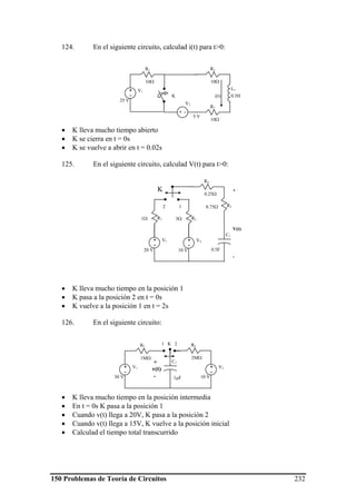 150 Problemas de Teoría de Circuitos 232
124. En el siguiente circuito, calculad i(t) para t>0:
• K lleva mucho tiempo abierto
• K se cierra en t = 0s
• K se vuelve a abrir en t = 0.02s
125. En el siguiente circuito, calculad V(t) para t>0:
• K lleva mucho tiempo en la posición 1
• K pasa a la posición 2 en t = 0s
• K vuelve a la posición 1 en t = 2s
126. En el siguiente circuito:
• K lleva mucho tiempo en la posición intermedia
• En t = 0s K pasa a la posición 1
• Cuando v(t) llega a 20V, K pasa a la posición 2
• Cuando v(t) llega a 15V, K vuelve a la posición inicial
• Calculad el tiempo total transcurrido
V1+
-
25 V
R1
10Ω
R2
10Ω
R3
10Ω
+ -
V2
5 V
L1
0.5HK i(t)
V1+
-
30 V
R1
1MΩ
V2+
-
10 V
R2
2MΩ
C1
1 K 2
+
v(t)
- 1μF
R11Ω
V1+
-
20 V
R30.75Ω
R23Ω
V2+
-
10 V
R4
0.25Ω
C1
2 1
0.5F
+
V(t)
-
K
 