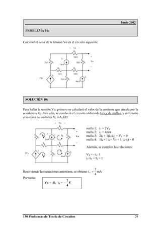 150 Problemas de Teoría de Circuitos 29
R1
R3
R2
R4
R5 R6
1mA
I3
4mA
I1
+
Vo
−
+ Vx −
2Vx
I2
i4i3
i2
i1
+
VY
-
Calculad el valor de la tensión Vo en el circuito siguiente:
Para hallar la tensión Vo, primero se calculará el valor de la corriente que circula por la
resistencia R1. Para ello, se resolverá el circuito utilizando la ley de mallas, y utilizando
el sistema de unidades V, mA, kΩ:
malla 1: i1 = 2VX
malla 2: i2 = 4mA
malla 3: 2i3 + 1(i3-i1) + VY = 0
malla 4: 1i4 + 1i4 + VY + 1(i4-i2) = 0
Además, se cumplen las relaciones:
VX = - i4· 1
i3+i4 = I2 = 1
Resolviendo las ecuaciones anteriores, se obtiene mA
4
7
i4 =
Por tanto:
R11kΩ
R32kΩ
R22kΩ
R4
1kΩ
R5
1kΩ
R6
1kΩ
1mA
I3
4mA
I1
+
Vo
−
+ Vx −
2Vx
I2
Junio 2002
PROBLEMA 10:
SOLUCIÓN 10:
Vo = -R1 ·i4 = V
4
7
−
 