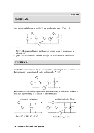 150 Problemas de Teoría de Circuitos 55
En el circuito de la figura, la tensión VC del condensador vale –4V en t = 0:
Se pide:
• Si R = 2Ω, calcular el tiempo que tardará la tensión VC en el condensador en
alcanzar +4V
• ¿Qué valor debería haber tenido R para que ese tiempo hubiera sido la mitad?
Para facilitar los cálculos, se obtiene el equivalente Thévenin para todo el circuito salvo
el condensador y la resistencia R (entre los terminales A y B):
Dado que no existen fuentes dependientes, puede obtenerse el Thévenin a partir de la
resistencia equivalente y de la tensión de circuito abierto:
3Ω
6Ω
10A
7.5V+
-
− +
7.5V
5mF
8Ω
R
+
VC
−
3Ω
6Ω
10A
7.5V+
-
− +
7.5V
8Ω
A
B
3Ω
6Ω
8Ω
A
B
resistencia equivalente
REQ = 6Ω // 3Ω // 8Ω = 1.6Ω
tensión de circuito abierto
Por nodos, VAB = 12V
3Ω
6Ω
10A
7.5V+
-
− +
7.5V
8Ω
A
B
Junio 2000
PROBLEMA 20:
SOLUCIÓN 20:
 