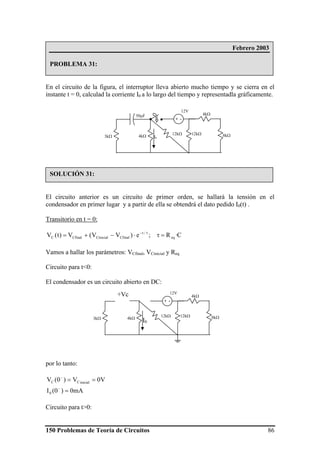 150 Problemas de Teoría de Circuitos 86
En el circuito de la figura, el interruptor lleva abierto mucho tiempo y se cierra en el
instante t = 0, calculad la corriente I0 a lo largo del tiempo y representadla gráficamente.
El circuito anterior es un circuito de primer orden, se hallará la tensión en el
condensador en primer lugar y a partir de ella se obtendrá el dato pedido I0(t) .
Transitorio en t = 0:
C·R;e)VV(V)t(V eq
/t
CfinalCinicialCfinalC =τ⋅−+= τ−
Vamos a hallar los parámetros: VCfinal, VCinicial y Req
Circuito para t<0:
El condensador es un circuito abierto en DC:
por lo tanto:
mA0)0(I
V0V)0(V
0
inicialCC
=
==
−
−
Circuito para t>0:
Febrero 2003
PROBLEMA 31:
SOLUCIÓN 31:
8kΩ
4kΩ
3kΩ 4kΩ
50μF
+ -
12V
12kΩ12kΩ
I0
8kΩ
4kΩ
3kΩ 4kΩ
+ -
12V
12kΩ12kΩ
I0
+Vc
 