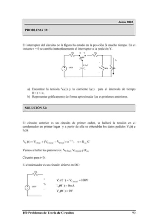 150 Problemas de Teoría de Circuitos 90
El interruptor del circuito de la figura ha estado en la posición X mucho tiempo. En el
instante t = 0 se cambia instantánemente el interruptor a la posición Y.
a) Encontrar la tensión V0(t) y la corriente I0(t) para el intervalo de tiempo
0 < t < ∞.
b) Representar gráficamente de forma aproximada las expresiones anteriores.
El circuito anterior es un circuito de primer orden, se hallará la tensión en el
condensador en primer lugar y a partir de ella se obtendrán los datos pedidos V0(t) e
I0(t).
C·R;e)VV(V)t(V eq
/t
CfinalCinicialCfinalC =τ⋅−+= τ−
Vamos a hallar los parámetros: VCfinal, VCinicial y Req
Circuito para t<0:
El condensador es un circuito abierto en DC:
V0)0(V
mA0)0(I
V100V)0(V
0
0
inicialCC
=
=
==
−
−
−
Junio 2003
PROBLEMA 32:
SOLUCIÓN 32:
0.5μF
10k
100V+
-
60k
X Y
240k
32k
+
V0
-
I0
10k
100V+
-
+
VC
-
 